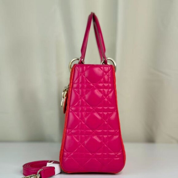 Dior Bi-Color Leather Lady Dior Medium Shoulder Bag - Red Quilted Design - Picture 2 of 10